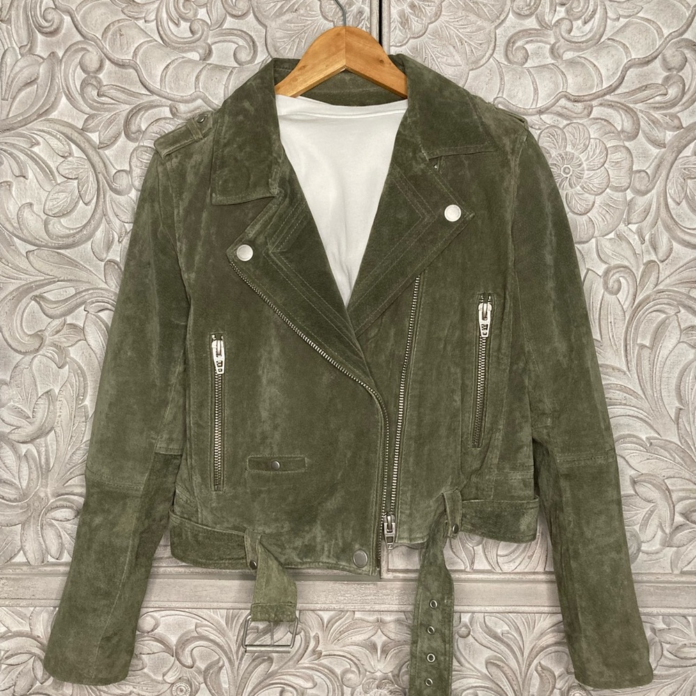 Blank NYC Suede Moto Jacket in army green Belted Leather Asymmetric Zip Front